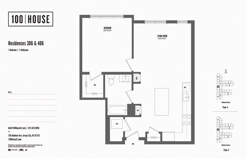 1 bed 1 bath floor plan L at 100 House Apartments, Jersey City , NJ